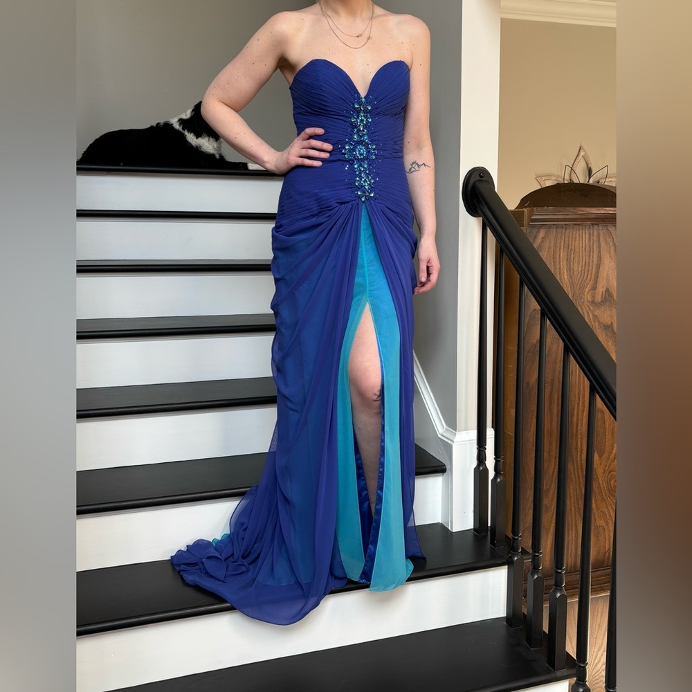 Royal Blue Beaded V-Neck Evening Gown with Teal Accents